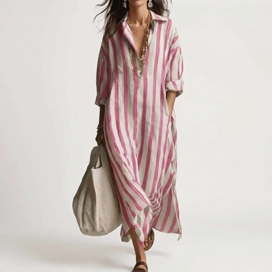 SERAFINA | STRIPED WOVEN FLOWING SHIRT MAXI DRESS