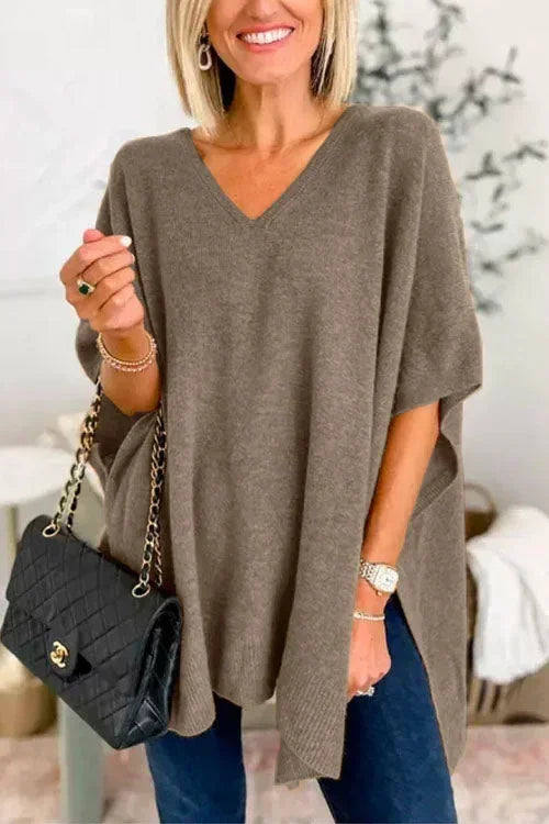Oversized V-Neck Soft Knit Poncho