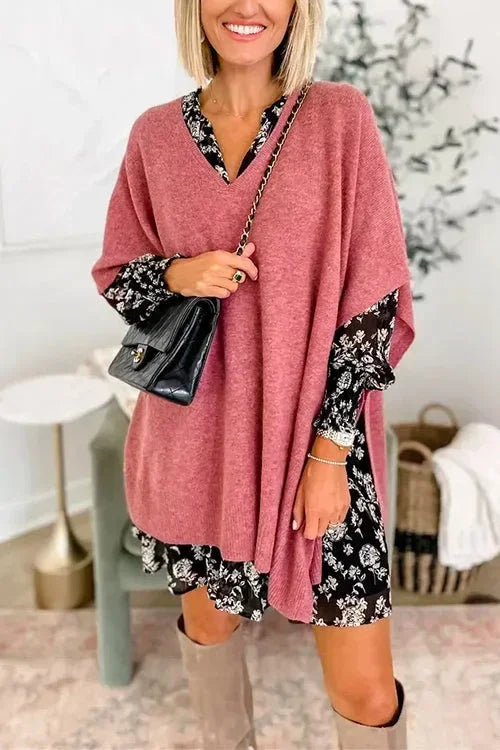 Oversized V-Neck Soft Knit Poncho