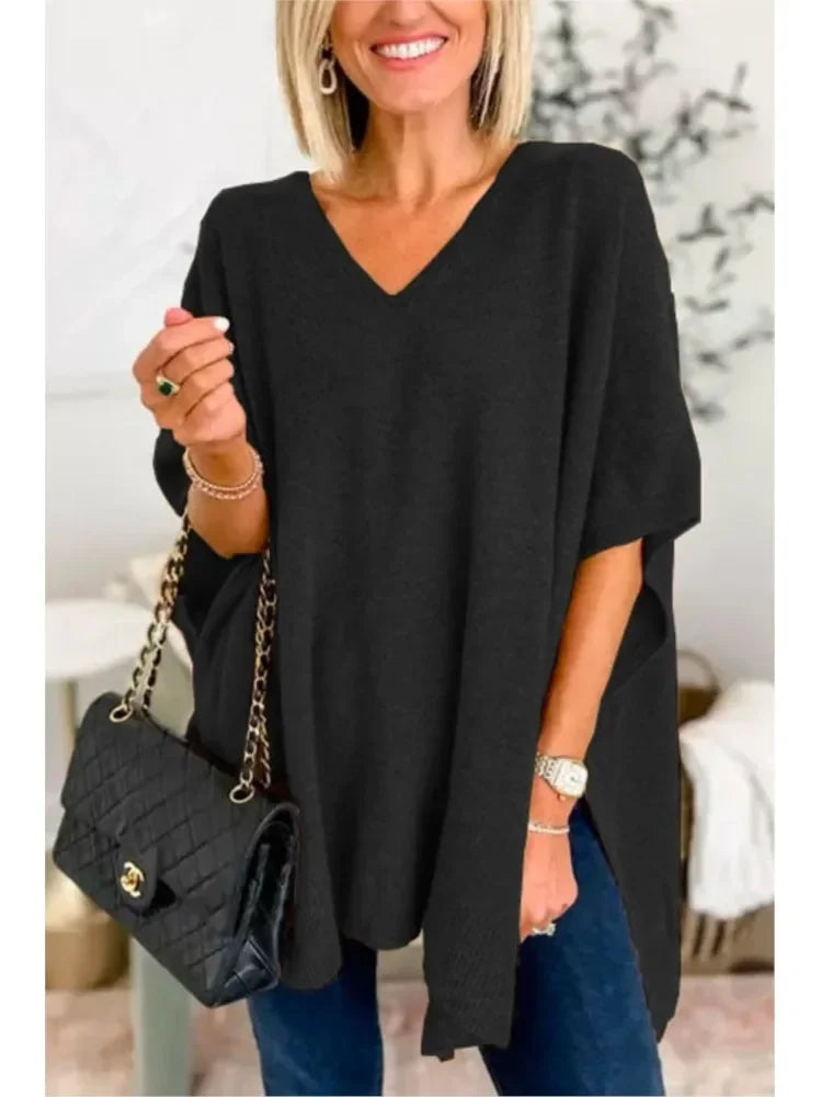 Oversized V-Neck Soft Knit Poncho