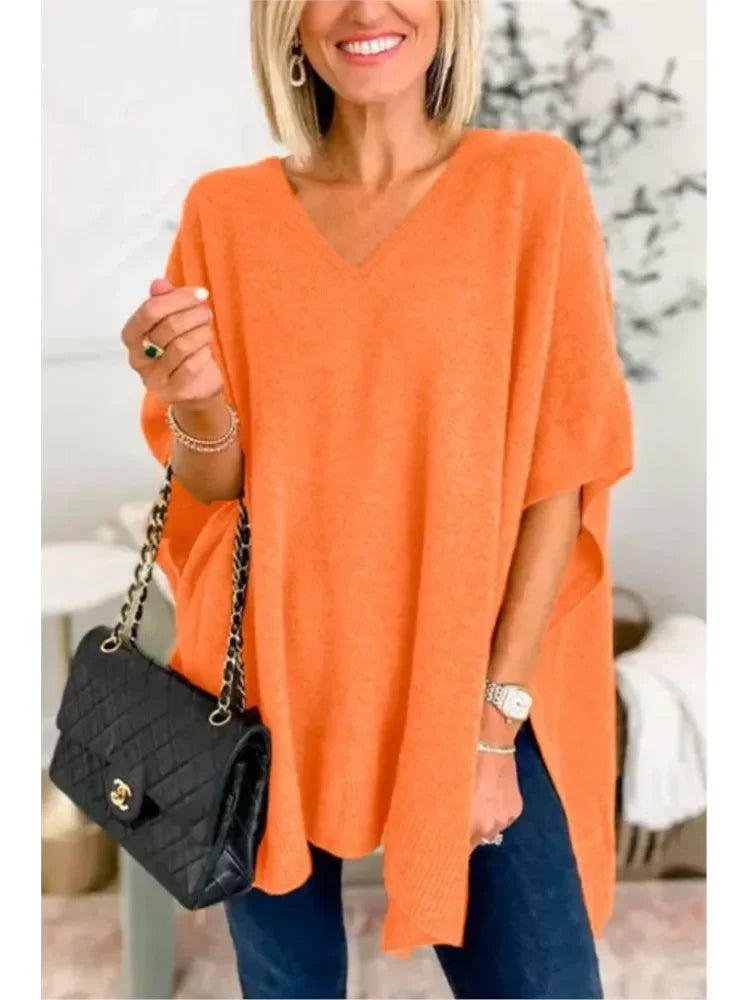 Oversized V-Neck Soft Knit Poncho