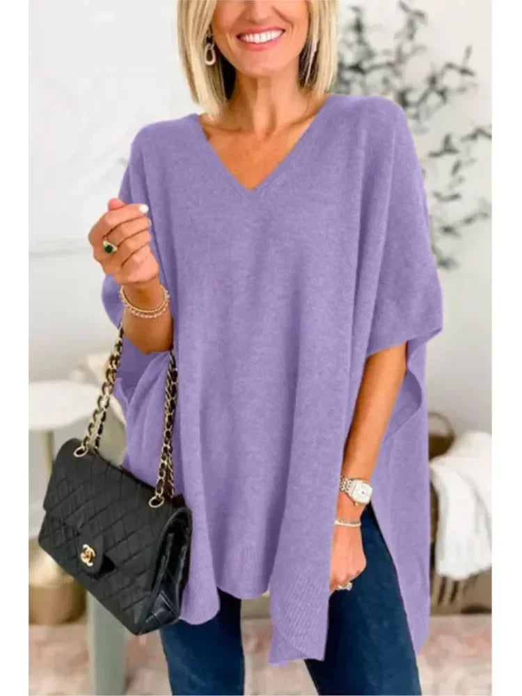 Oversized V-Neck Soft Knit Poncho