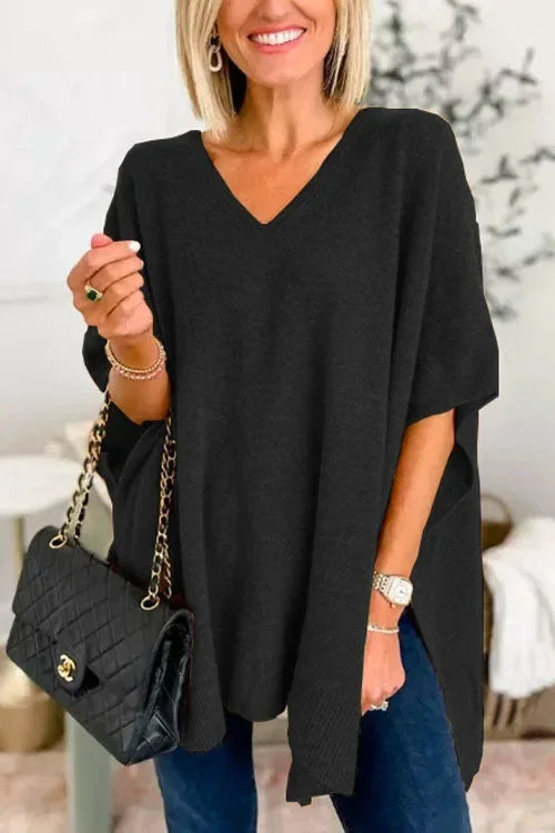 Oversized V-Neck Soft Knit Poncho