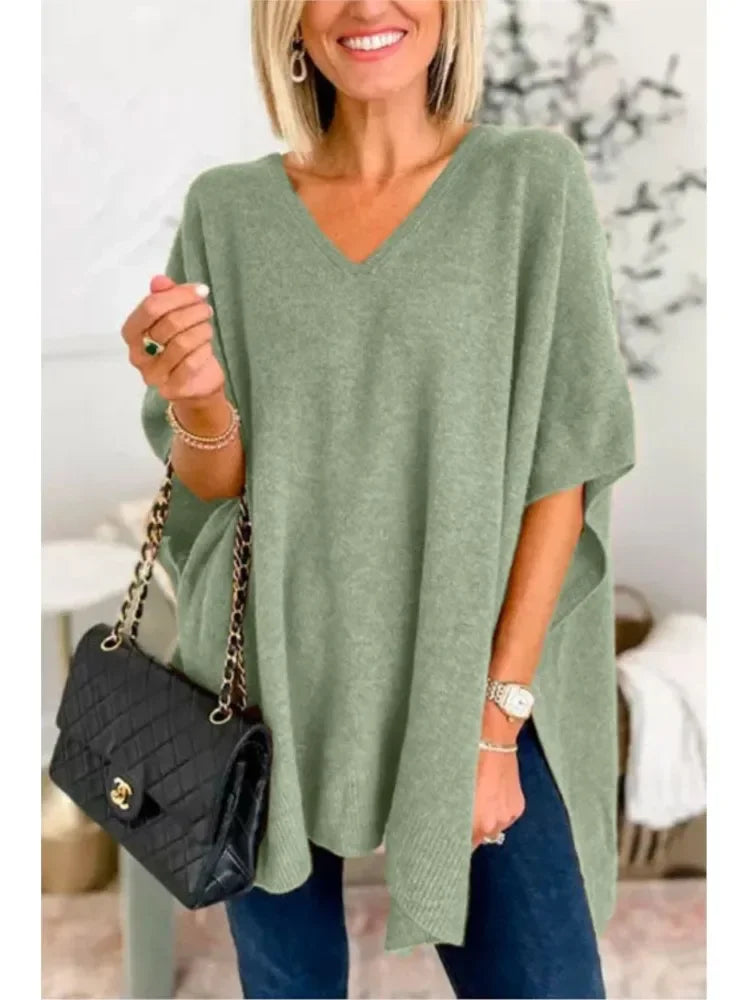 Oversized V-Neck Soft Knit Poncho