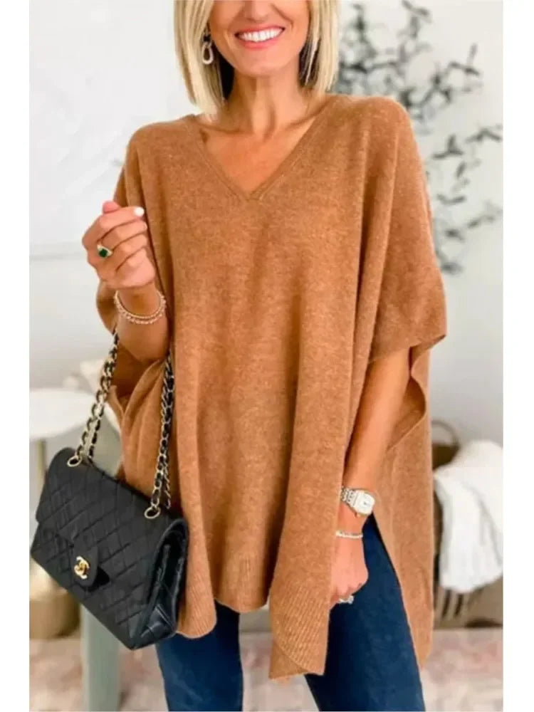 Oversized V-Neck Soft Knit Poncho