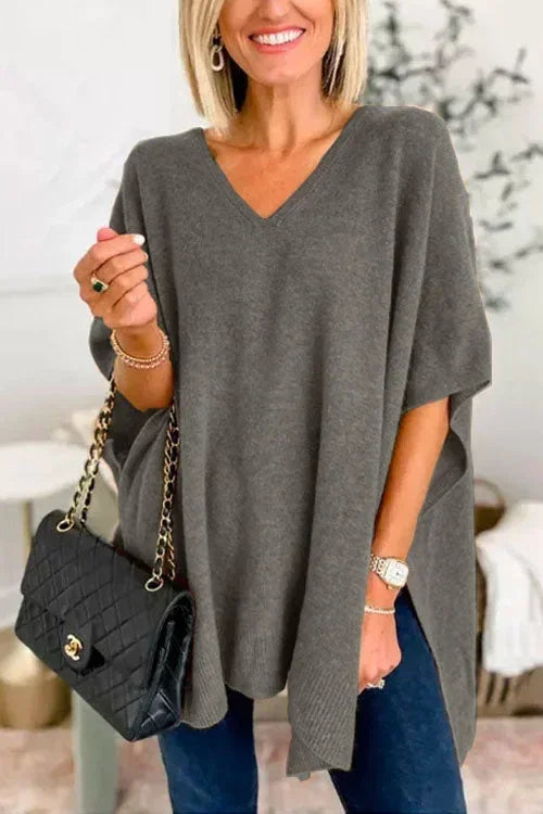 Oversized V-Neck Soft Knit Poncho