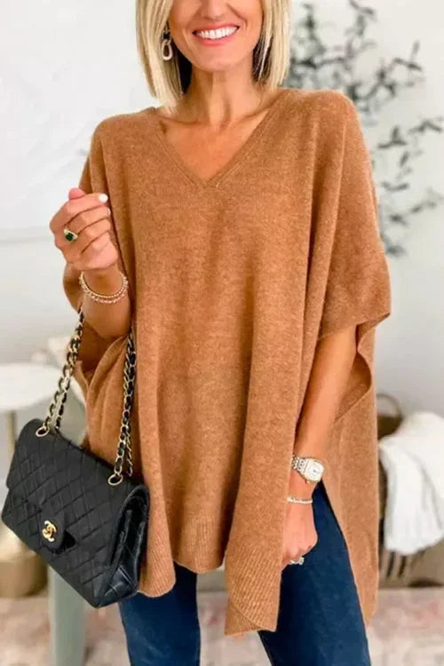 Oversized V-Neck Soft Knit Poncho