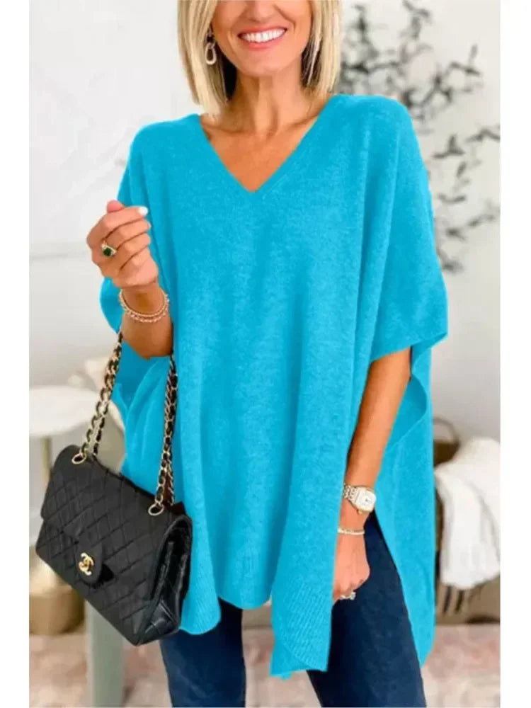 Oversized V-Neck Soft Knit Poncho