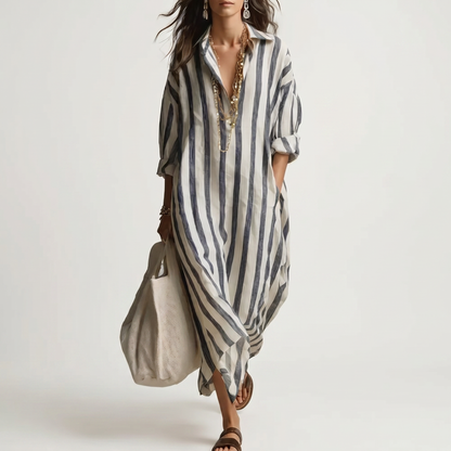 SERAFINA | STRIPED WOVEN FLOWING SHIRT MAXI DRESS