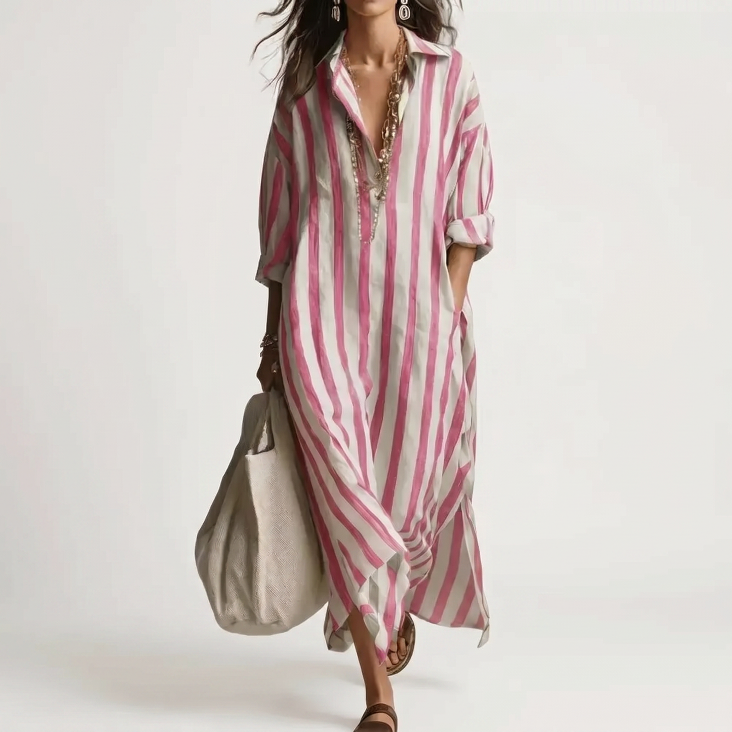 SERAFINA | STRIPED WOVEN FLOWING SHIRT MAXI DRESS