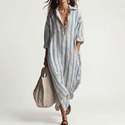 SERAFINA | STRIPED WOVEN FLOWING SHIRT MAXI DRESS