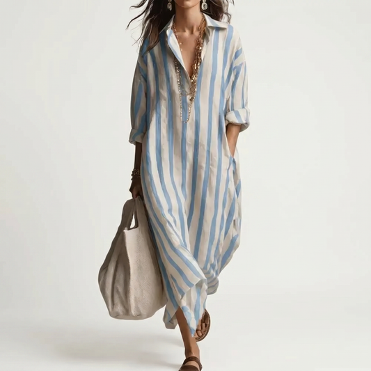 SERAFINA | STRIPED WOVEN FLOWING SHIRT MAXI DRESS